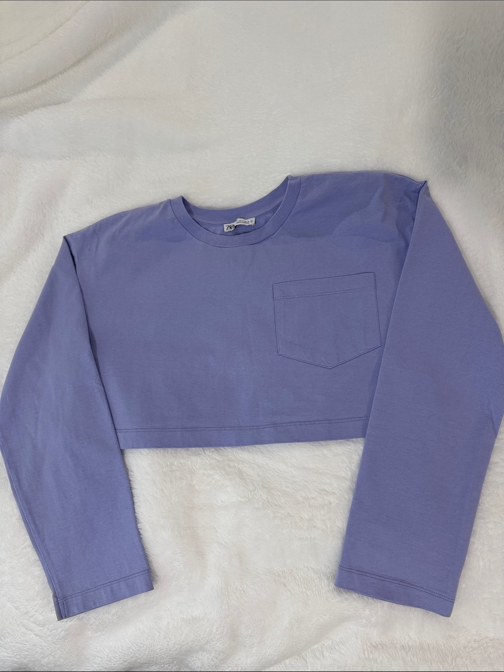 Zara Lavender Cropped Long-Sleeve Tee with Chest Pocket